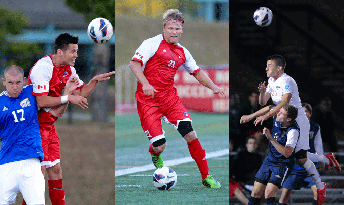 Freshman of the Year Magnus Kristensen (left, red), Player of the Year Chris Bargholz (center) and Defensive Player of the Year Alex Rowley (right, white) all come from Simon Fraser.